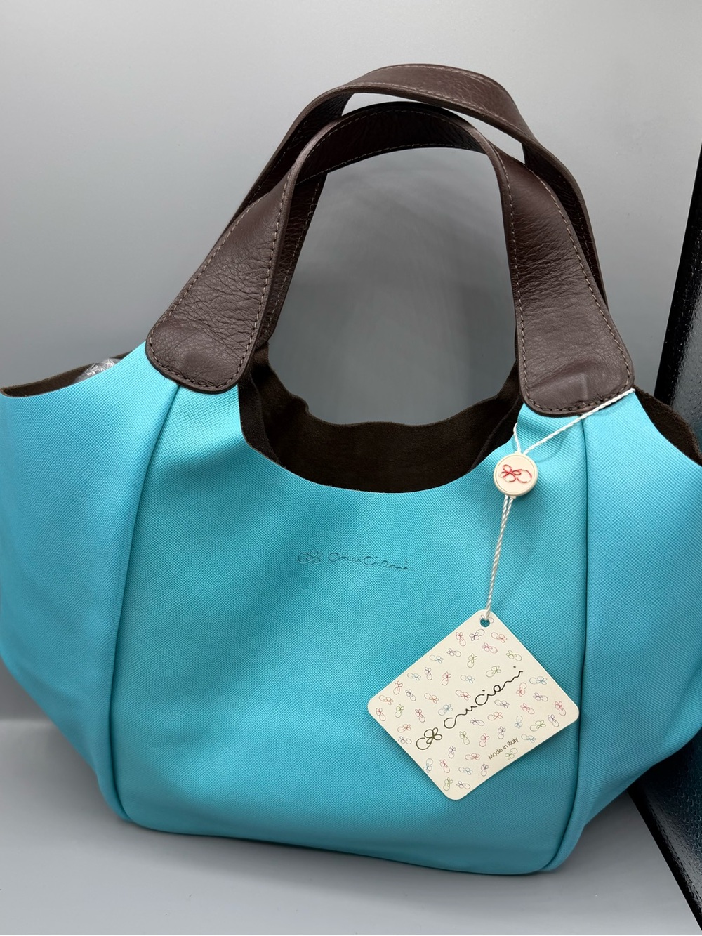 Turquoise Tote Bag with Brown Handles